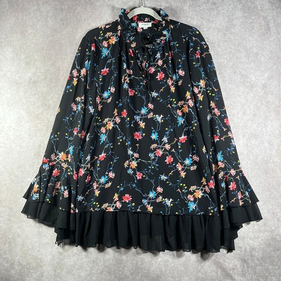 Umgee Tops - UMGEE Top Womens Large Black Floral Ruffle Tie High Neck Bell Sleeve Boho Hippie